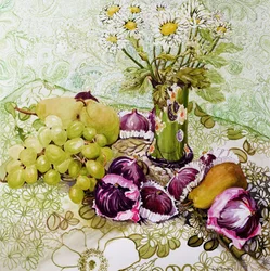 Vijgen, druiven en peren met margrieten